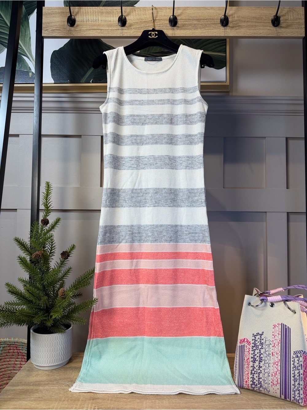 Beach Ball Stripe BRIGHT COLORS Modal 60% Cotton Maxi Dress Sz S